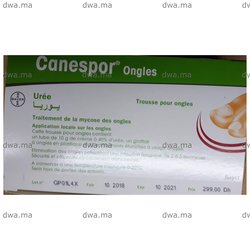 medicament CANESPOR ONGLESTube de 10 g à 40% d'urée, un grattoir en plastique et 22 pansements étanches à usage unique. maroc